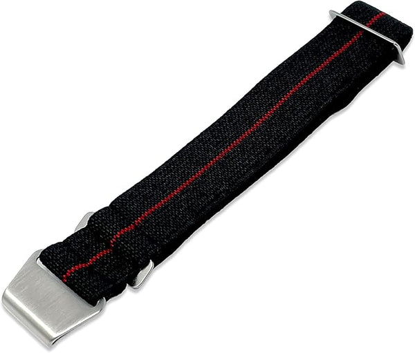 18mm Elasticated French Navy and Special Forces Strap in Black with a Red Stripe