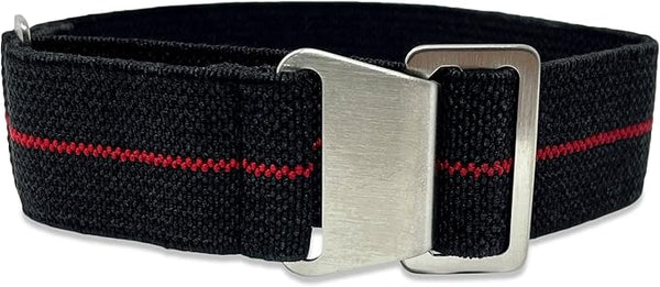18mm Elasticated French Navy and Special Forces Strap in Black with a Red Stripe