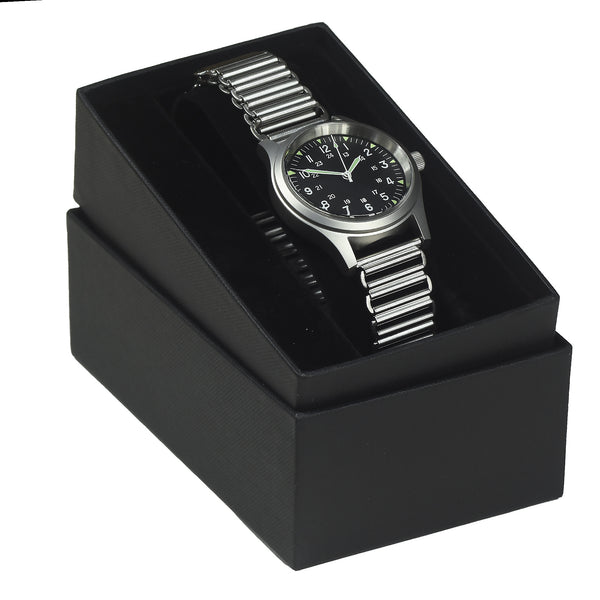 GG-W-113 U.S 1960s Pattern Automatic Military Watch with Shatter and Scratch Resistant Sapphire Box Crystal on Matching Retro Stainless Steel