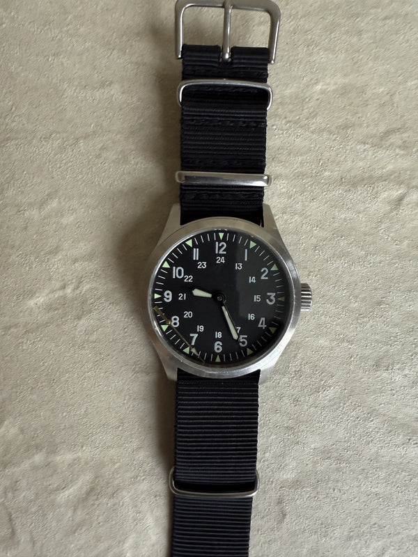 MWC Mk III Stainless Steel 1950's Pattern 100m Water Resistant Automatic Military Watch with Sapphire Crystal (12/24 Hour Dial Variant) - Secondhand Needs Hand Resetting