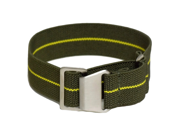 22mm Elasticated French Navy and Special Forces Strap in Green with a Yellow Stripe