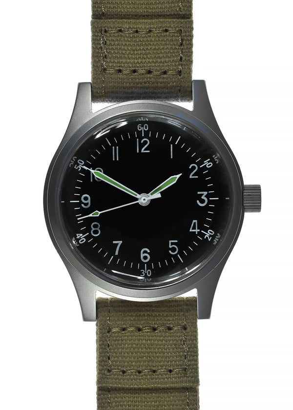 A-11 1940s WWII Pattern Automatic Military Watch With Shatter and Scratch Resistant Box Sapphire Crystal on Matching Retro
