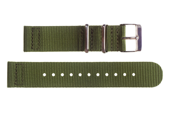 2 Piece 18mm Olive NATO Military Watch Strap in Ballistic Nylon with Stainless Steel Fasteners