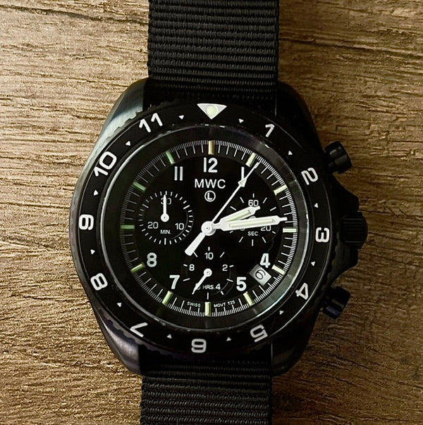 MWC NATO Pattern Black PVD Steel Military Pilots Chronograph with Sapphire Crystal and Swiss Ronda Movement- 12 Hour GMT Bezel and GTLS/Tritium Illumination - Ex Display Watch Reduced