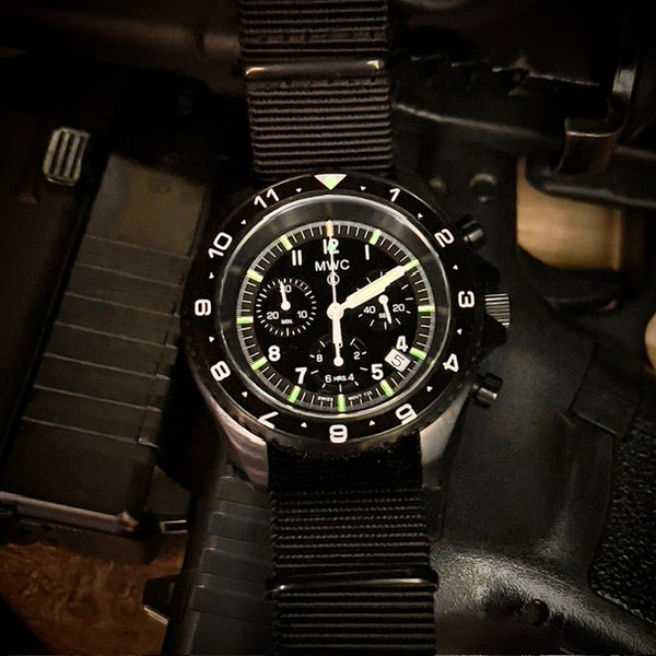 MWC NATO Pattern Black PVD Steel Military Pilots Chronograph with Sapphire Crystal and Swiss Ronda Movement- 12 Hour GMT Bezel and GTLS/Tritium Illumination - Ex Display Watch Reduced