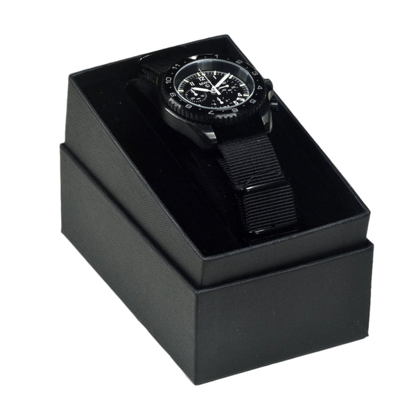 MWC NATO Pattern Black PVD Steel Military Pilots Chronograph with Sapphire Crystal and Swiss Ronda Movement- 12 Hour GMT Bezel and GTLS/Tritium Illumination - Ex Display Watch Reduced