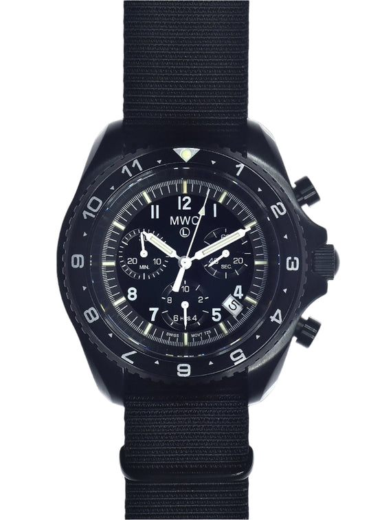 MWC NATO Pattern Black PVD Steel Military Pilots Chronograph with Sapphire Crystal and Swiss Ronda Movement- 12 Hour GMT Bezel and GTLS/Tritium Illumination - Ex Display Watch Reduced