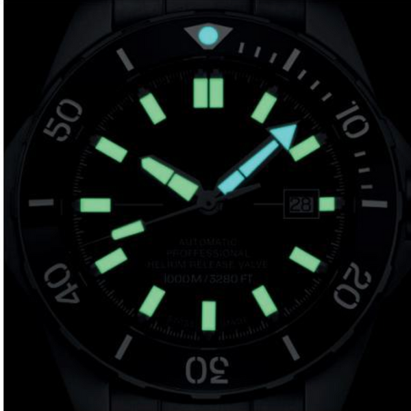 MWC 100atm / 3,280ft / 1000m Water Resistant Divers Watch in Stainless Steel Case with Helium Valve on a Matching Bracelet / 100% Swiss Made with a Sellita SW200 26 Jewel Automatic Movement