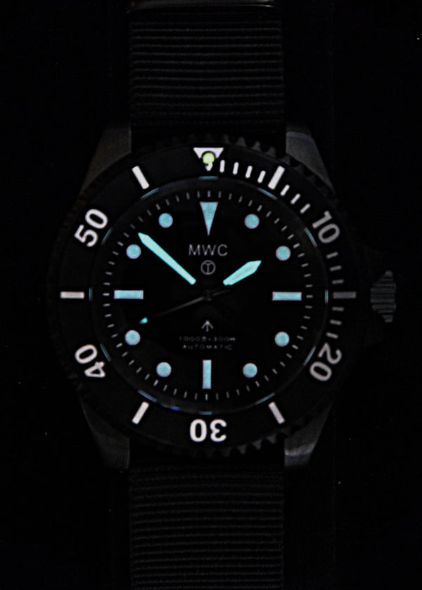 MWC 24 Jewel 1982 Pattern 300m Automatic Military Divers Watch in Black PVD with a Sapphire Crystal on a NATO Webbing Strap - Ex Display Watch from the SDSC-UK Fair Save 50%!