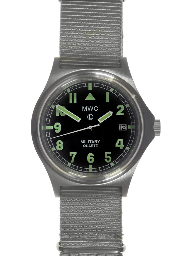 MWC G10 100m Water resistant Military Watch in Stainless Steel Satin Finish Case with Screw Crown and Ten Year Battery Life
