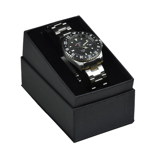 MWC GMT (Dual Time Zone) Stainless Steel Military Watch with Sapphire Crystal and Ceramic Bezel on a Matching Stainless Steel Bracelet