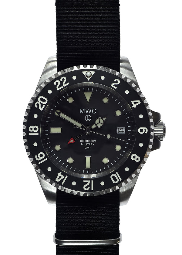 MWC Stainless Steel GMT (Dual Time Zone) Military Watch with Sapphire Crystal and Ceramic Bezel on Silicon Band with 2 NATO Straps