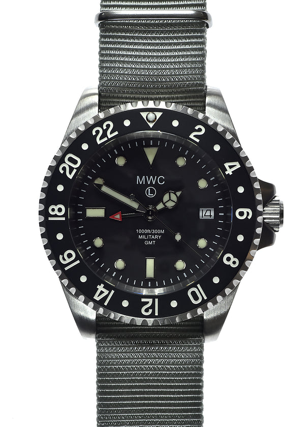 MWC Stainless Steel GMT (Dual Time Zone) Military Watch with Sapphire Crystal and Ceramic Bezel on Silicon Band with 2 NATO Straps