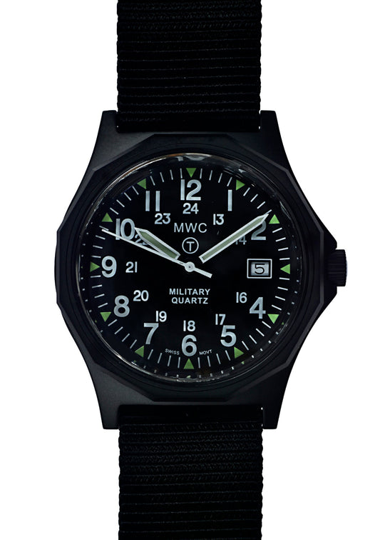 MWC G10 - Remake of the 1982 to 1999 Series Watch in Black PVD Steel with 12/24 NATO dial Pattern, Plexiglass Crystal and Battery Hatch