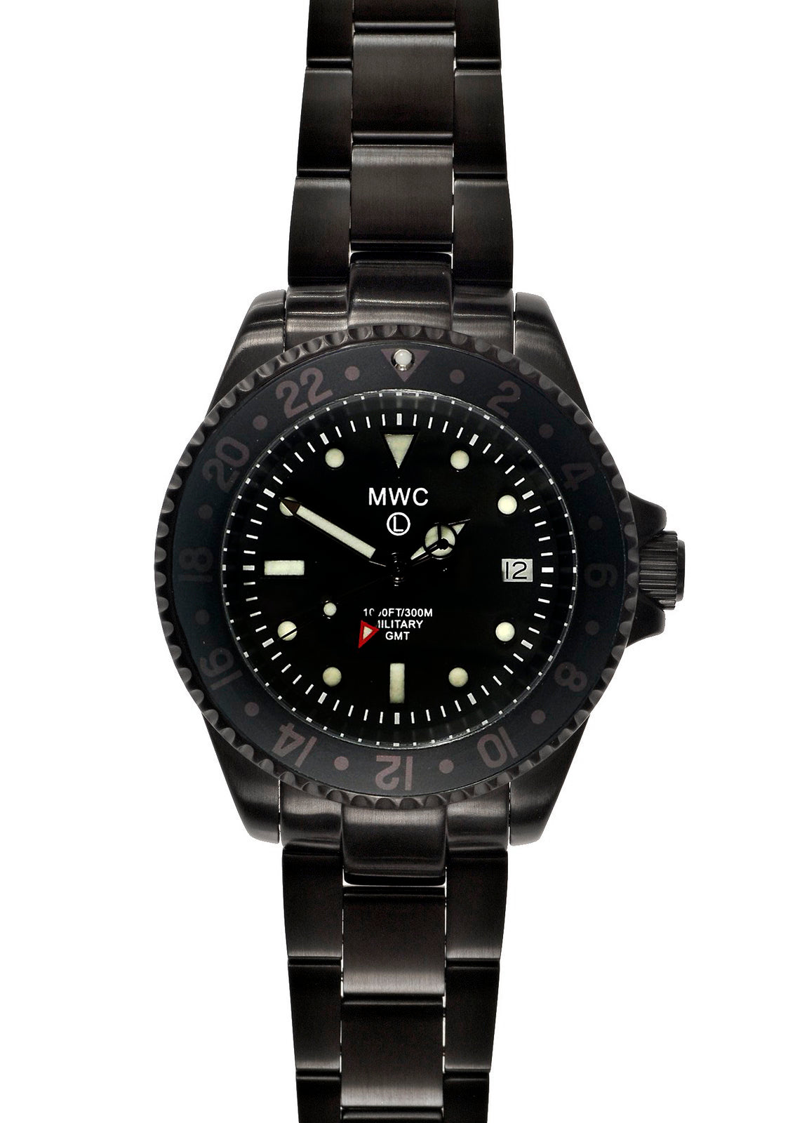 MWC GMT 300m Water Resistant Dual Timezone Military Watch in Black PVD Steel on Matching Bracelet