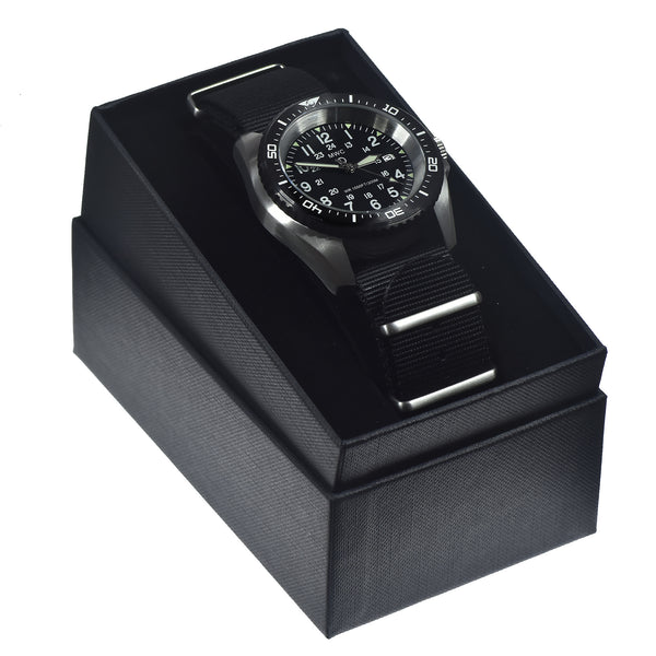 Stainless Steel Military Divers Watch with 12/24 Format dial and an Automatic 24 Jewel Movement, 12 Hour Dial Format, Sapphire Crystal and Ceramic Bezel (Tactical Solid Strap Bars)
