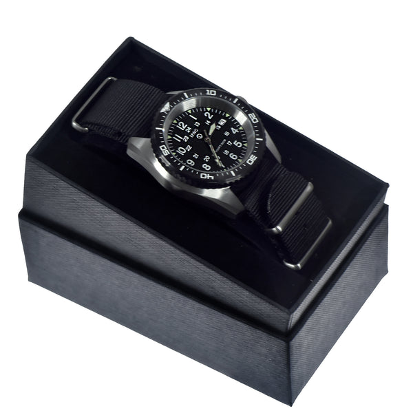 Stainless Steel Military Divers Watch with 12/24 Format dial and an Automatic 24 Jewel Movement, 12 Hour Dial Format, Sapphire Crystal and Ceramic Bezel (Tactical Solid Strap Bars)
