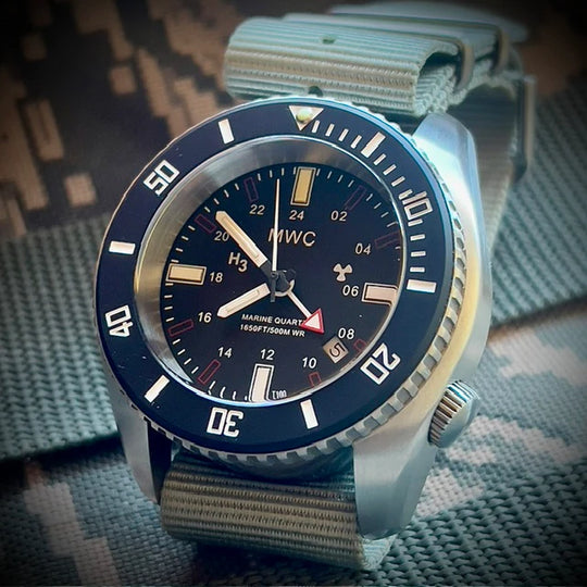 MWC "Submarine / Naval Dive Crew" 500m (1,640ft) Water Resistant Dual Time Zone Military Watch in a Stainless Steel Case with GTLS & Helium Valve - Under Half Price / Ex Display Watch from the FEINDEF Show Under Half Price - Location UK