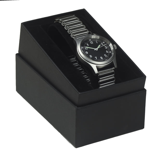 A-11 1940s WWII Pattern Automatic Military Watch With Shatter and Scratch Resistant Box Sapphire Crystal on Matching Retro 