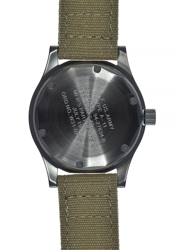 A-11 1940s WWII Pattern Automatic Military Watch With Shatter and Scratch Resistant Box Sapphire Crystal on Matching Retro 