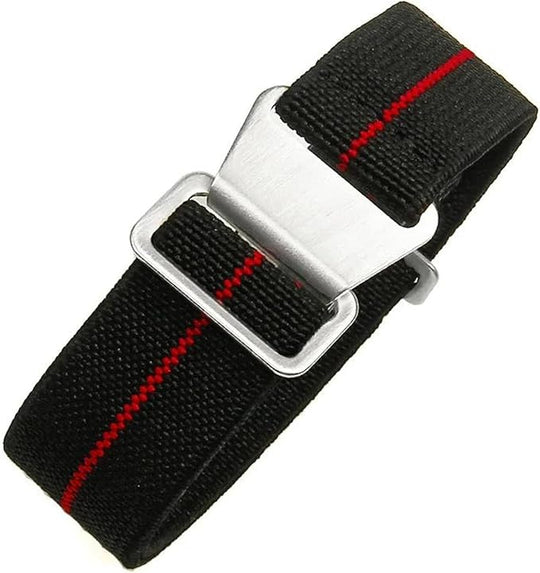 18mm Elasticated French Navy and Special Forces Strap in Black with a Red Stripe