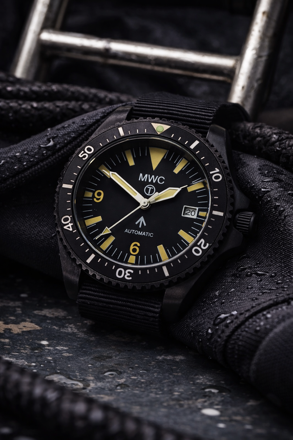 MWC 1999-2001 Pattern Black PVD Automatic Military Divers Watch with Retro Luminous Paint, Sapphire Crystal, 60 Hour Power Reserve