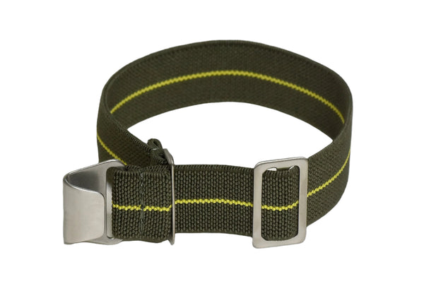 22mm Elasticated French Navy and Special Forces Strap in Green with a Yellow Stripe
