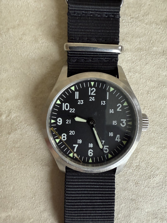 MWC Mk III Stainless Steel 1950's Pattern 100m Water Resistant Automatic Military Watch with Sapphire Crystal (12/24 Hour Dial Variant) - Secondhand Needs Hand Resetting