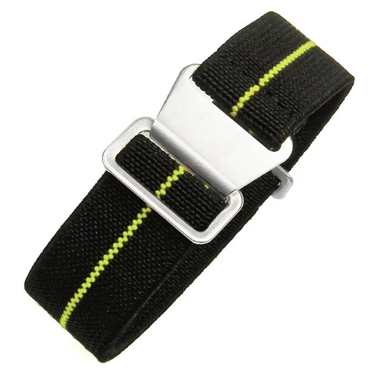18mm Elasticated French Navy and Special Forces Strap in Black with a Yellow Stripe