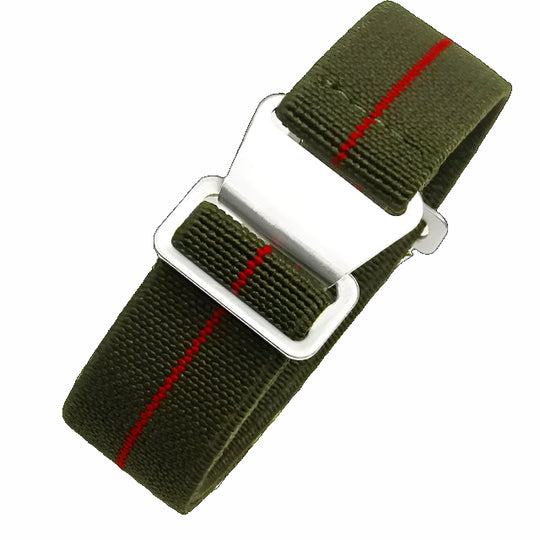 18mm Elasticated French Navy and Special Forces Strap in Green with a Red Stripe