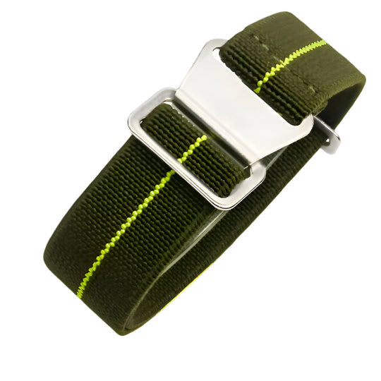 20mm Elasticated French Navy and Special Forces Strap in Green with a Yellow Stripe