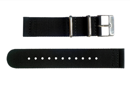 2 Piece 20mm Black NATO Military Watch Strap in Ballistic Nylon with Stainless Steel Fasteners