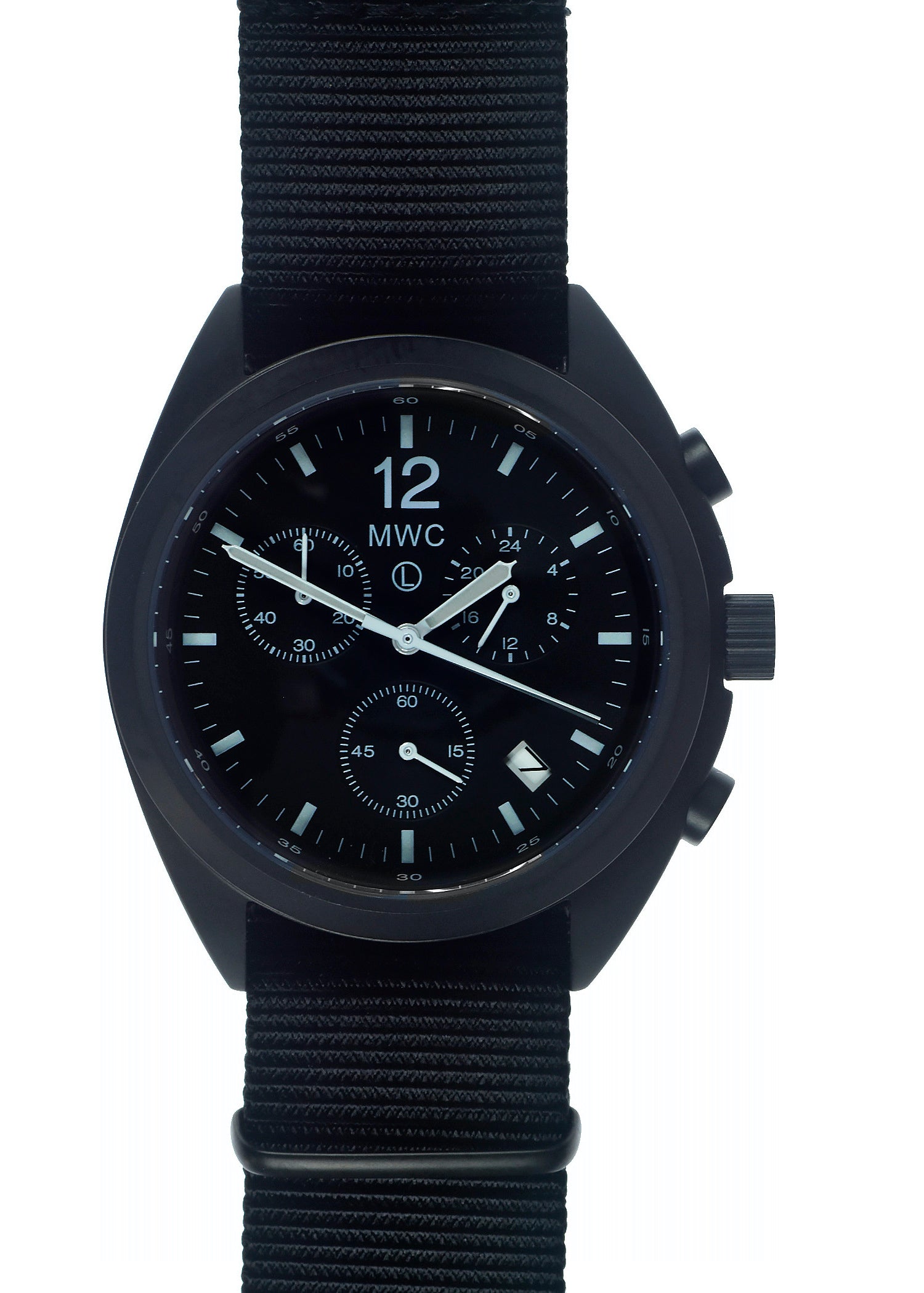 MWC Mechanical/Quartz Hybrid NATO Pattern Military Pilots Chronograph in Non Reflective Black PVD Finish