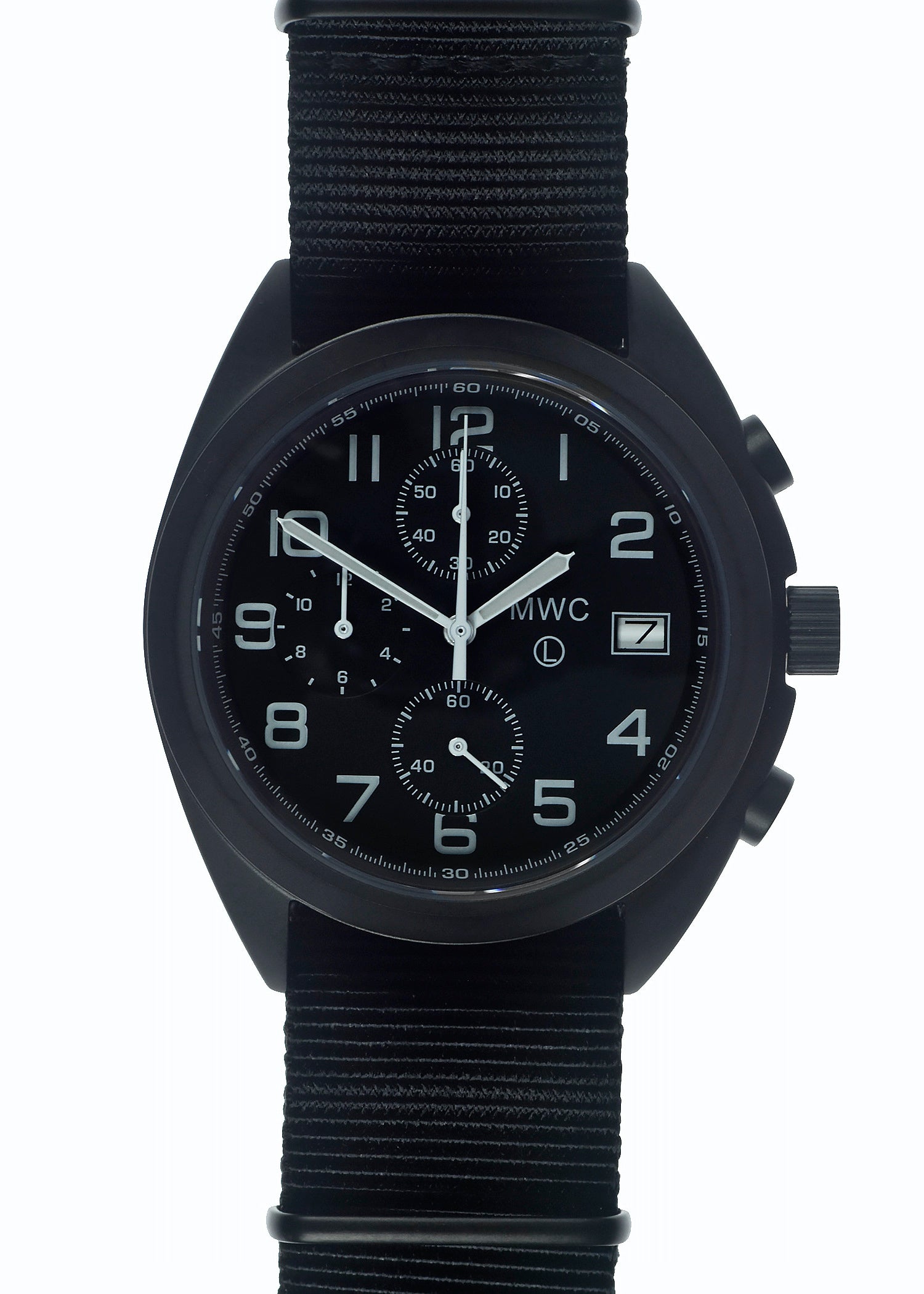 MWC Mechanical/Quartz Hybrid NATO Pattern Military Pilots Chronograph in Non Reflective Black PVD Finish with Sapphire Crystal
