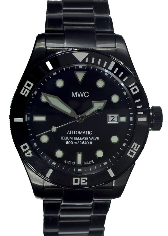 MWC Swiss Made 500m (1640ft) Water Resistant Automatic Divers Watch in Black PVD Stainless Steel With Sapphire Crystal, Ceramic Bezel and Helium Valve