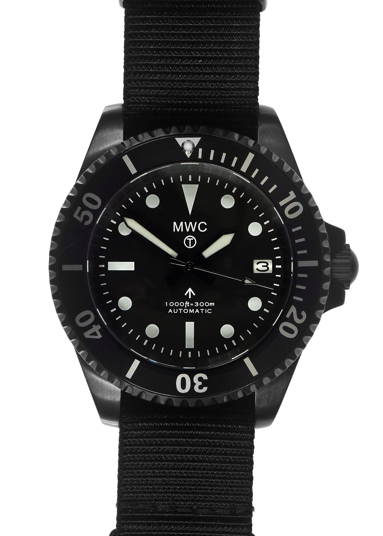 MWC 24 Jewel 1982 Pattern 300m Automatic Military Divers Watch in Black PVD with a Sapphire Crystal on a NATO Webbing Strap - Ex Display Watch from the SDSC-UK Fair Save 50%!