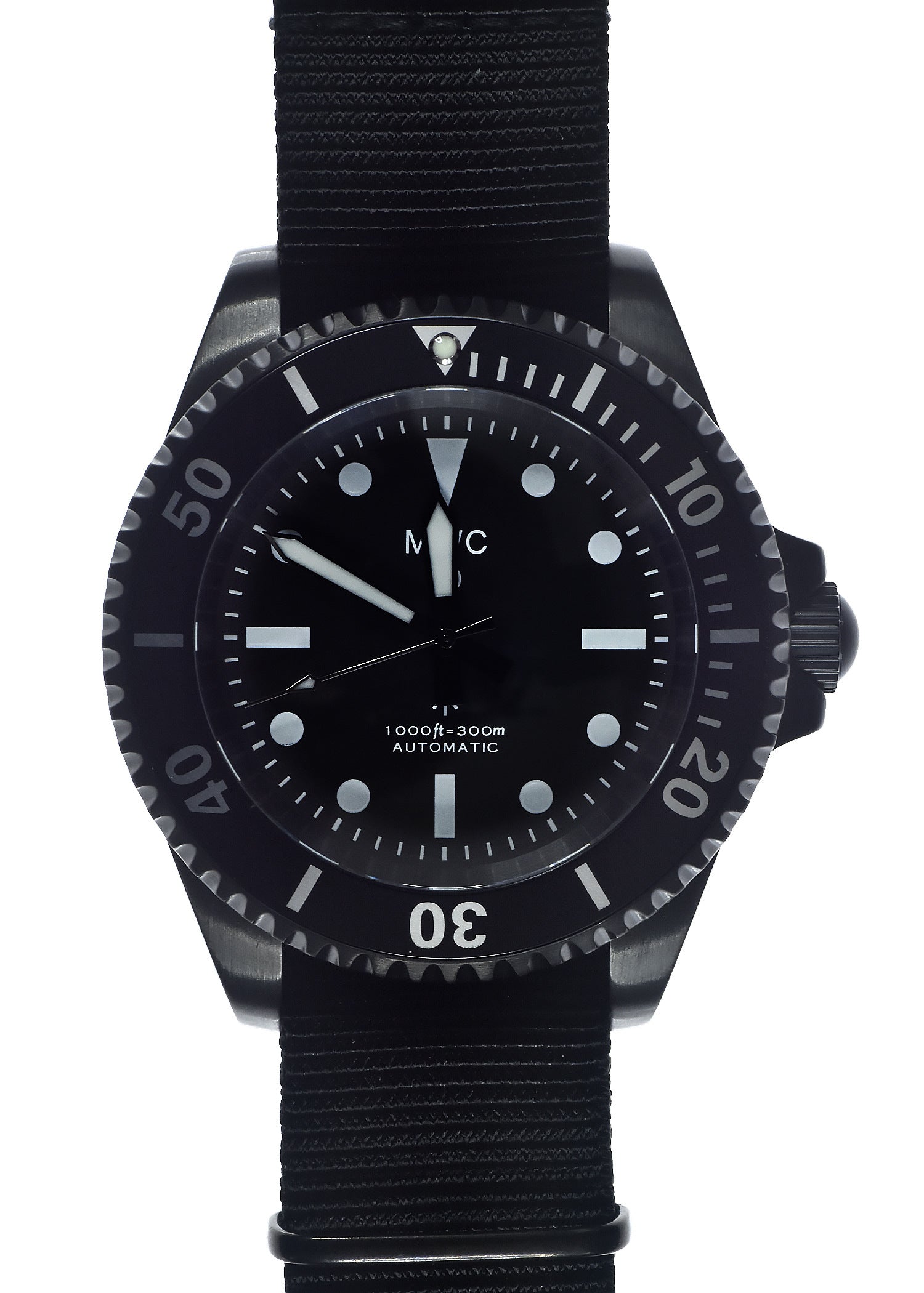 MWC 24 Jewel 1982 Pattern 300m Automatic Military Divers Watch in Black PVD with a Sapphire Crystal on a NATO Webbing Strap (Non Date Version) Ex Display Watch from the U.S Shot Show in Las Vegas