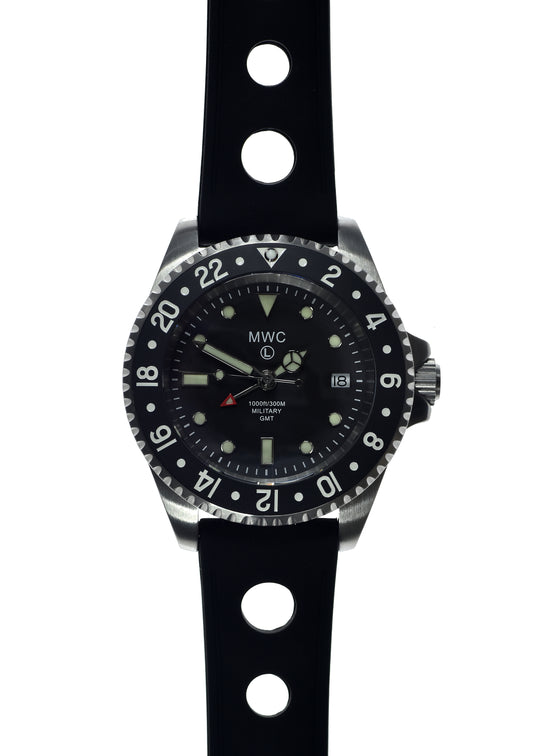 MWC Stainless Steel GMT (Dual Time Zone) Military Watch with Sapphire Crystal and Ceramic Bezel on Silicon Band with 2 NATO Straps