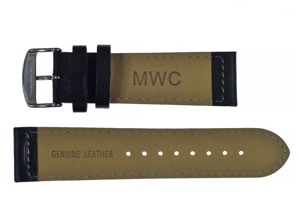 24mm MWC Branded Black Leather Watch Strap with Stainless Steel Fasteners