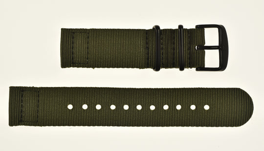 2 Piece 18mm Olive NATO Military Watch Strap in Ballistic Nylon with Black PVD Fasteners