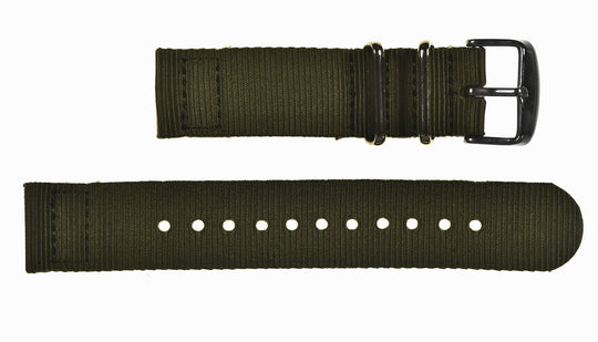 2 Piece 16mm Olive NATO Military Watch Strap in Ballistic Nylon with Stainless Steel Fasteners