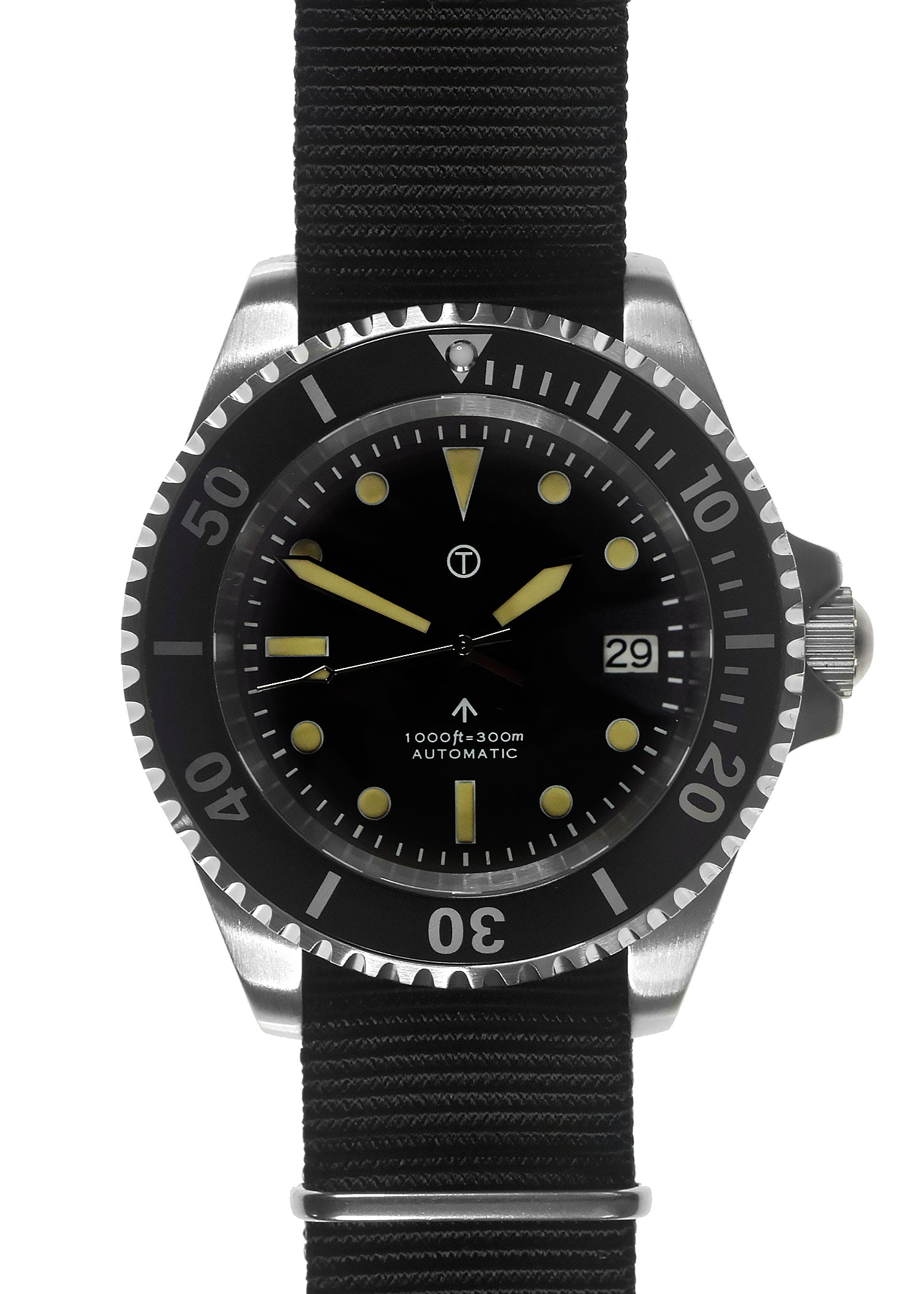 MWC 21 Jewel 1980s Pattern 300m Automatic Military Divers Watch with Sapphire Crystal and a Black and a Grey NATO Strap