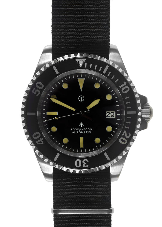 MWC 21 Jewel 1980s Pattern 300m Automatic Military Divers Watch with Sapphire Crystal and a Black and a Grey NATO Strap